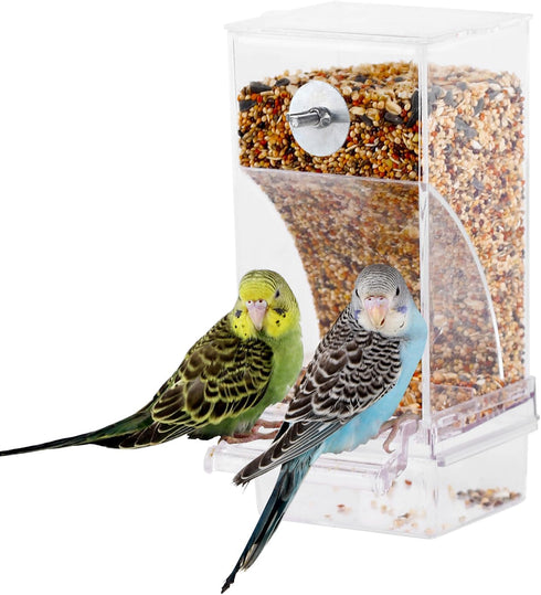 No Mess Automatic Bird Feeder, Inside Cage Parrot Feeder with Clear Perch and Acrylic Seed Container
