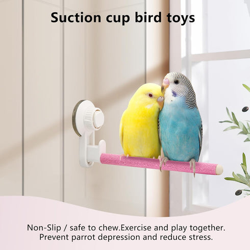 2Pcs Suction Cup Bird Perch,Wooden Parrot Window/Mirror/Car/Travel/Shower Perches Stand Quartz Portable Parakeet Grinding Stick Training Toys for Small and Medium Birds(Pink)