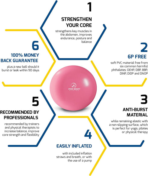 ProBody Pilates Ball - Small Exercise Ball w/Pump, 9 Inch Barre Ball for Stability, Fitness, Ab, Core, Physio