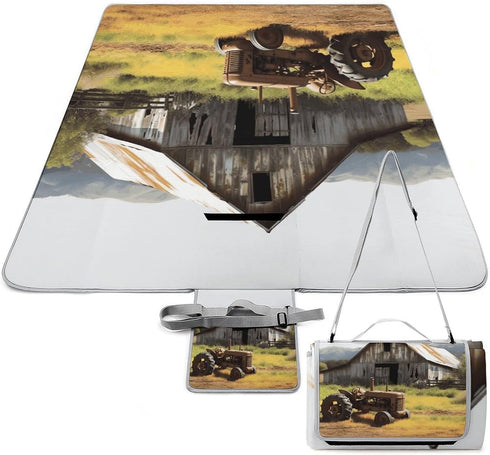 LZQPOEAS Old Wooden Barn with Rusted Tractor Picnic Blanket Outdoor, Square Foldable Lightweight