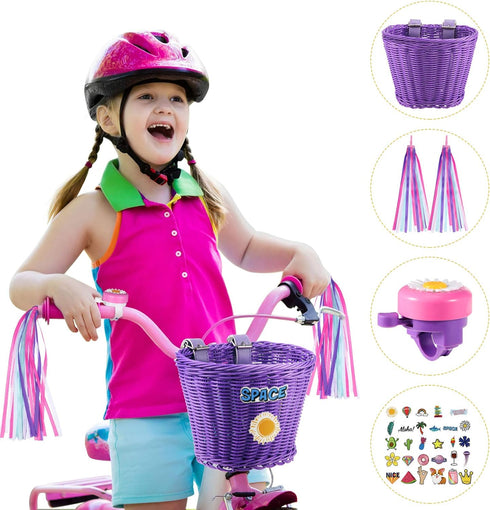 Kid's Bicycle Basket Streamers Set, Wicker Handlebar Basket with Colorful Streamers, Bell, Stickers