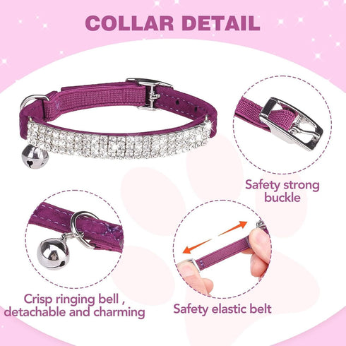 BINGPET Adjustable Diamond Cat Collar, Soft Velvet Leather Kitten Collar with Shiny Rhinestones and Bells, Purple