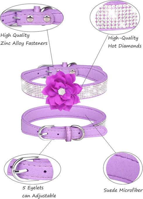 Rhinestone Dog Collar for Small Medium Dogs, Purple XS Collar for Girl Female Dogs Flower Puppy Necklace (Purple, XS)