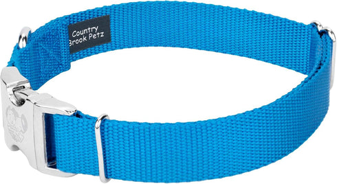 Country Brook Petz Premium Nylon Dog Collar with Metal Buckle, Large, 1 Inch, Ice Blue