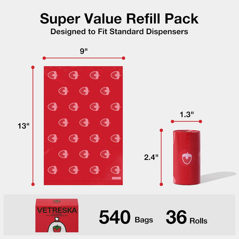 36 540 VETRESKA Strawberry Scented Dog Poop Bags, Leak Proof, Extra Thick and Large Pet Waste Bags for Dogs Walking