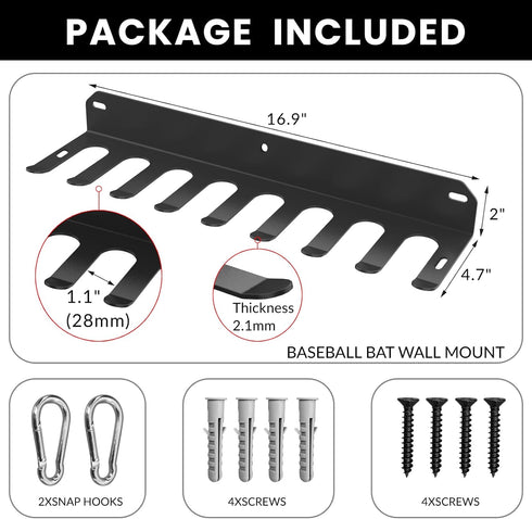 Wall Mount Baseball Bat Rack, Holds 16 Bats, Heavy Duty Organizer for Home Gym Sports Equipment