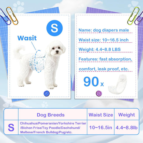 Jaoruizer 90 Count 11-16.5 inch Dog Diapers Male, Disposable Small Male Dog Wraps Super Absorbent Puppy Doggie Diapers