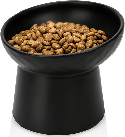 Elevated Cat Bowl Black, Tilted Angle Ceramic Food and Water Bowls for Cats and Small Dogs, 8 Ounces