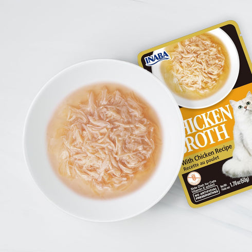 Inaba Chicken Broth, Shredded Chicken & Broth Side Dish/Topper for Cats, 1.76 Ounce Pouch, 8 Pouches