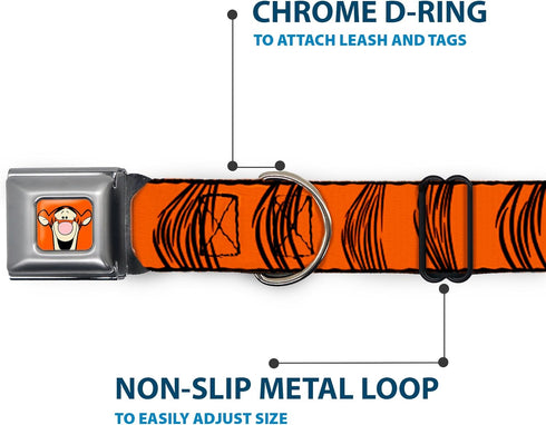 Dog Collar with Seatbelt Buckle - Tigger Stripes Orange Black, 18 to 32 Inches, 1.5 Inch Wide
