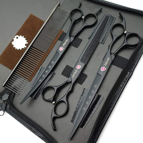 Kingstar 8.0in. Matt Black Professional Pet Grooming Scissors Set - Straight, Thinning & Curved Scissors with Comb