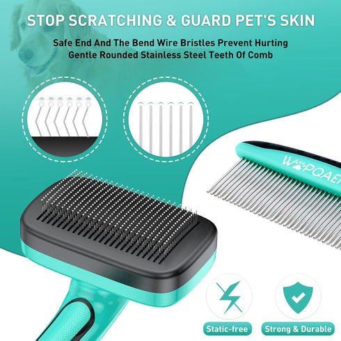 Self-Cleaning Slicker Brush for Dogs & Cats, Safe Painless Bristles, Grooming Set with Free Pet Comb + Nail Clippers