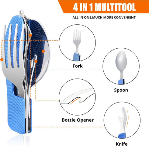 HIKENTURE 2 Pack Camping Utensils, 4-in-1 Stainless Steel Spoon, Fork, Knife, Bottle Opener Combo (Blue)