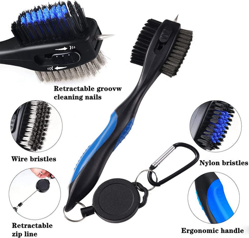 Golf Club Brushes Cleaning Tool - Retractable Cleaning Nails, Nylon and Wire Bristles, Oversize Double Brush Head