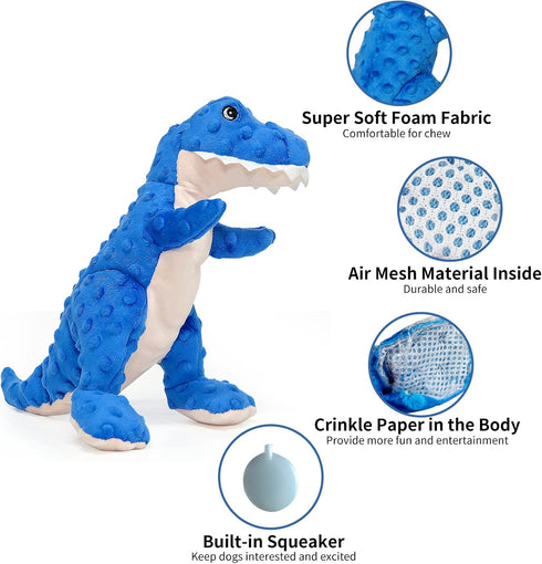 Dinosaur Dog Toy, Blue Plush Squeaky Chew Toy for Small, Large, and Big Dogs, Birthday Dog Toys