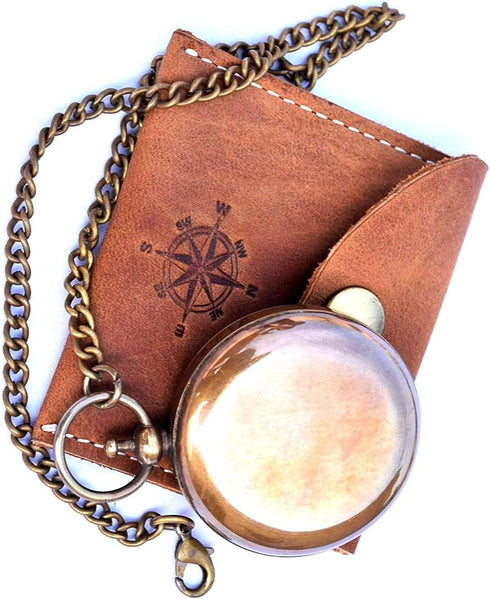 THOR INSTRUMENTS Handmade Nautical Brass Push Open Compass On Chain with Leather Case Pocket Compass Gift Compasses