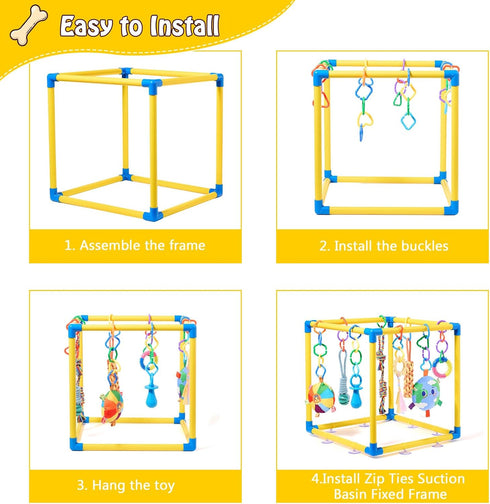 8 Puppy Play Gym with Hanging Toys, Small Dogs Indoor Jungle Playground, PVC Frame with Suction Cups Interactive