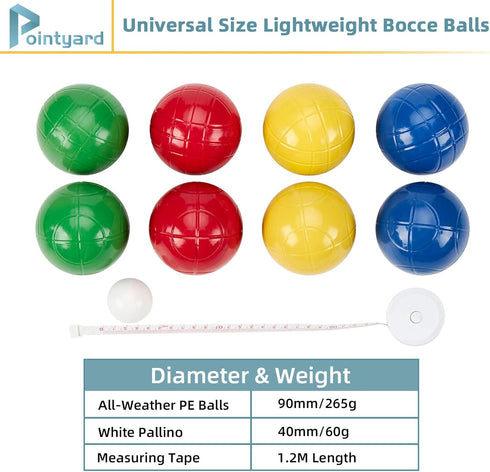 90mm Set 8 1 Pointyard Bocce Ball with PE Balls, Pallino, Carrying Bag, Measuring Tape - Family Game