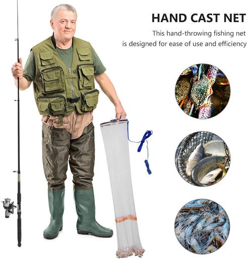 TOMETURE 1.2m Hand Cast Fishing Net with Aluminum Alloy Frame and Steel Weights, Height Circular Throwing Net