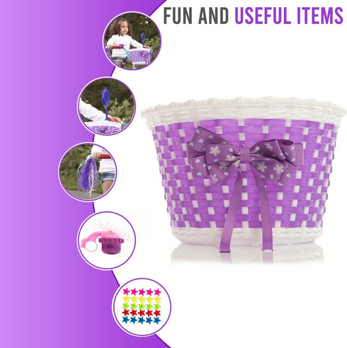 Girl’s Bicycle Decorations Set, Fun Decor with Beads, Rear View Mirror, Water Bottle, Handlebar Streamers & Basket