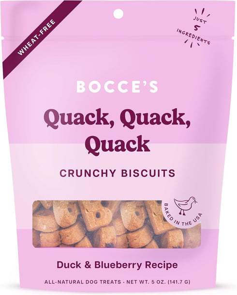 Bocce's Bakery Oven Baked Quack, Quack Treats, All-Natural Duck & Blueberry Biscuits, 5 oz, Made in The USA