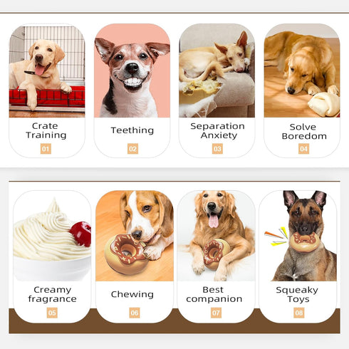 Dog Chew Toys for Aggressive Chewers, Indestructible Tough Squeaky Mental Stimulation Teeth Grinding Interactive Dog Chew Toys for Small/Medium/Large Dog Breeds, Creamy Scent Donut Brown