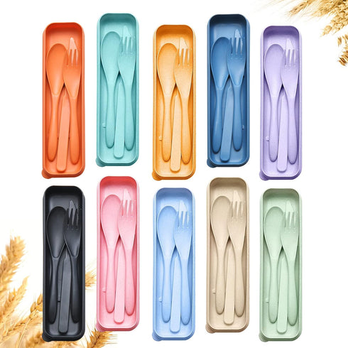 Reusable Travel Utensils Set with Case, 10 Sets Wheat Straw Portable Plastic Fork Spoons Knife Camping Cutlery