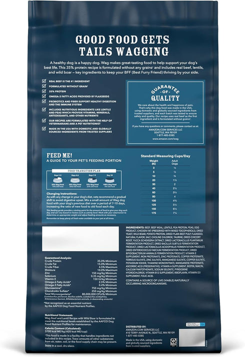 (24 lb Amazon Brand - Wag Dry Dog Food Grain-Free Beef & Lentil Recipe, High Protein bag)