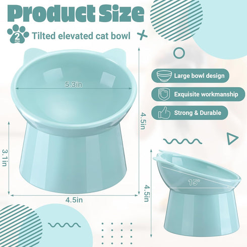Zhehao 2 Pieces Plastic Raised Bowl Tilted 15 Degrees Elevated Cat Food and Water Bowls Set Anti Vomit Dog Kitten Food Dishes Pet for Cats and Small Dogs (Green, Blue)