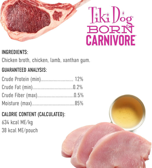 Tiki Dog Born Carnivore Protein Booster Dog Food Topper, Chicken and Lamb Recipe in Broth, 2.1 oz Pouch (12 Count)