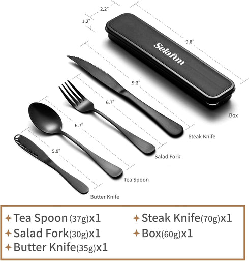 Travel Cutlery Set with Case Portable Silverware Utensils Set,5-pieces Stainless Steel Reusable Flatware Set Cutlery Set for Camping Picnic Hiking Office, Dishwasher Safe (matte black, 5.9) by Selafun