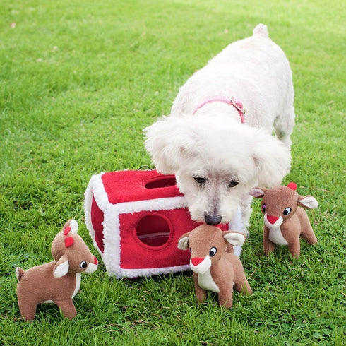 ZippyPaws Holiday Burrow Interactive Dog Toy, Reindeer Pen Plush Puzzle for Small & Medium Dogs