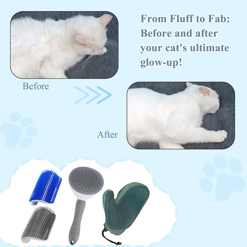 4 Pcs Cat Grooming Kit: Self-Cleaning Slicker Brush, Deshedding Glove & Corner Massagers for Shedding