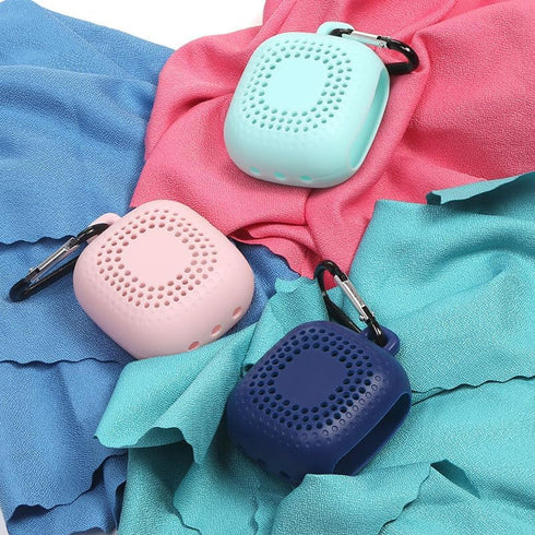 AKOAK 40CM Outdoor Travel Quick Drying Towel with Portable Creative Silicone Box, Microfiber Cold Sports Quick Drying