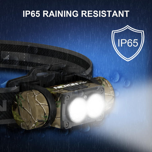 NICRON H35+ Rechargeable Headlamp, 1600 Lumens, 180° Rotating LED, 10 Modes, Waterproof, Camo for Camping