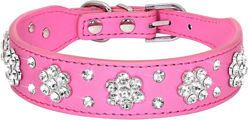 Rhinestone Dog Collar, Cute Flower Bling Collar, Adjustable PU Leather Sizes for XS Small Medium (M, Hot Pink)