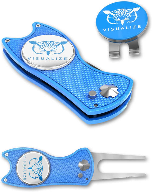 VISUALIZE Elite Switchblade Golf Divot Repair Tool Set with Ball Marker - Sturdy Anodized Aluminum, Perfect Golf