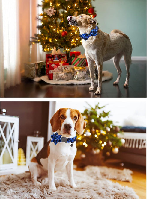 Dog Collar with Bow Tie, Cotton Bowtie Collar for X-Large Girl Boy Dog, Holiday Blue, Neck 16-26in.