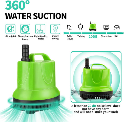 FREESEA 330 GPH Submersible Water Pump, 25W for Pond Aquarium Hydroponics, Fish Tank Fountain Waterfall