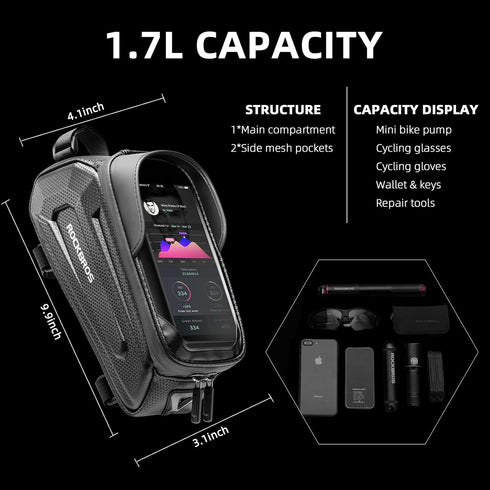 ROCKBROS Waterproof Bike Phone Bag, EVA Hard Shell Bike Pouch with Rain Cover for iPhone 14/12/11 Pro