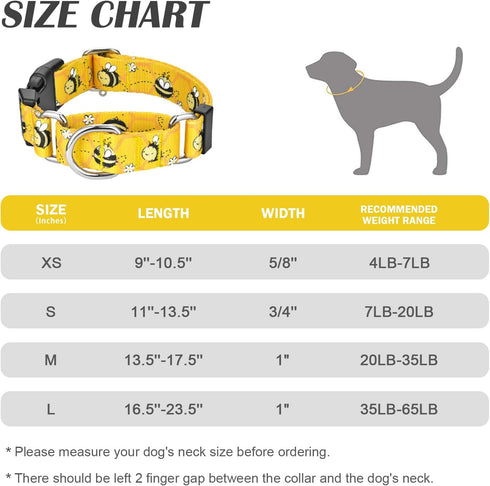 Martingale Collar for Dogs, Adjustable Soft Nylon Collars with Cute Patterns for Small Medium Large Dogs, Yellow Bee,