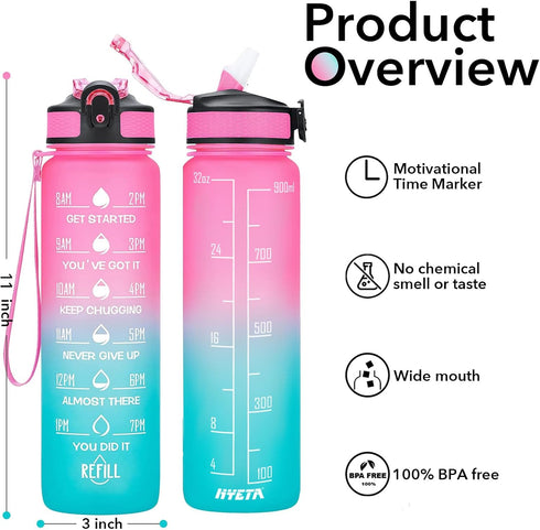 Hyeta 32 oz Water Bottles with Times to Drink and Straw, Motivational Leakproof Sports Water Bottle for Fitness