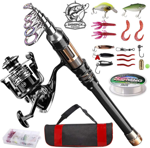 ShinePick Fishing Rod Kit, Telescopic Pole and Reel Combo with Line, Lures, Hooks, Carrier Bag for Beginners