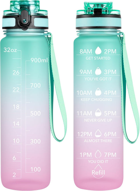 OLDLEY Water Bottles, 32oz - Motivational Sports Water Bottle with Time Marker, Tritan, BPA Free, Wide Mouth, Bubble Gum