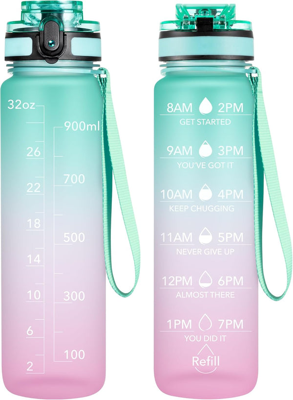 OLDLEY Water Bottles, 32oz - Motivational Sports Water Bottle with Time Marker, Tritan, BPA Free, Wide Mouth, Bubble Gum