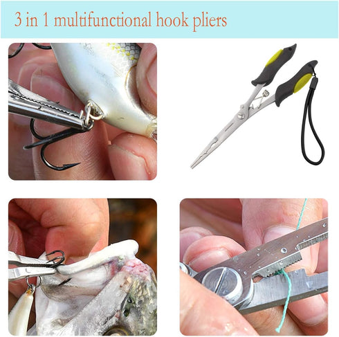 Long Nose Fishing Pliers, Stainless Steel Hook Remover Split Ring Pliers with Lanyard for Fishing