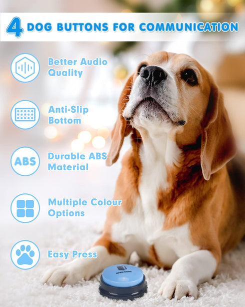 Dog Buttons for Communication, 4 Dog Talking Button Set, Speaking Buttons for Cats and Dogs, 30s Voice Recordable Pet Training Buzzer with Waterproof Dog Activity Mat and 24 Scene Stickers