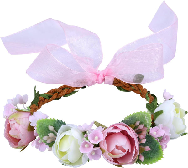 Pet Flower Collar with Adjustable Ribbon, Small Dog Wedding Attire Wreath Bow, Pink Floral Collar for Small Dogs, Cats,
