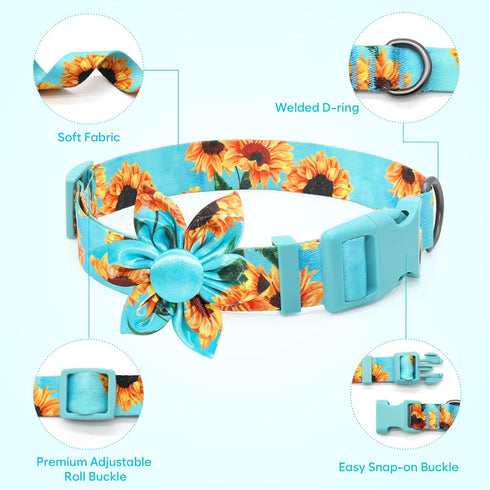 Cute Dog Collar - Fancy Floral Boy Dog Collar with Sunflower Bowtie for Small Medium Large Dogs, Spring Summer Design