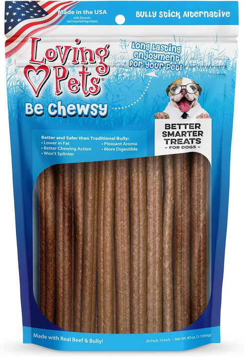 Loving Pets Be Chewsy Bully Stick Alternative Dog Treat - 20 Pack of 10 Sticks for Small, Medium & Large Dogs